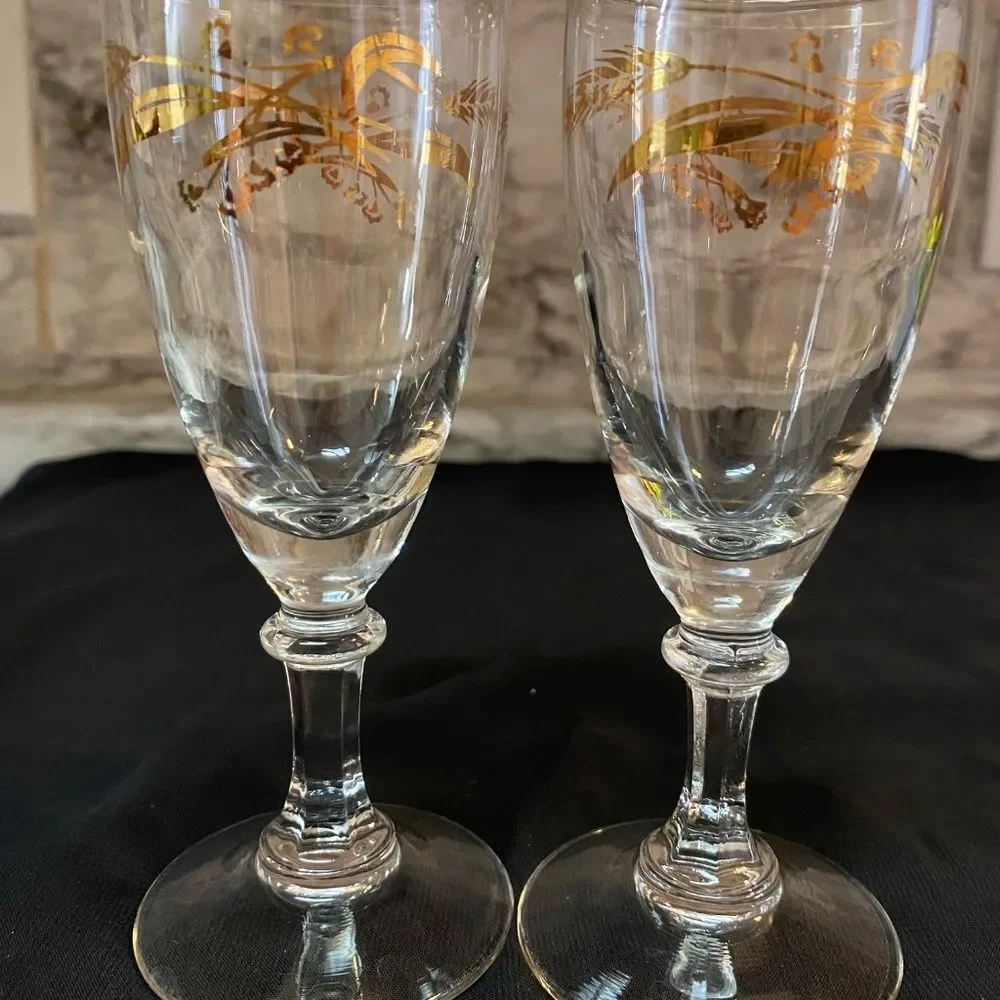 * 1950’s vintage Libby cordial glass set of 2 wheat gold detail